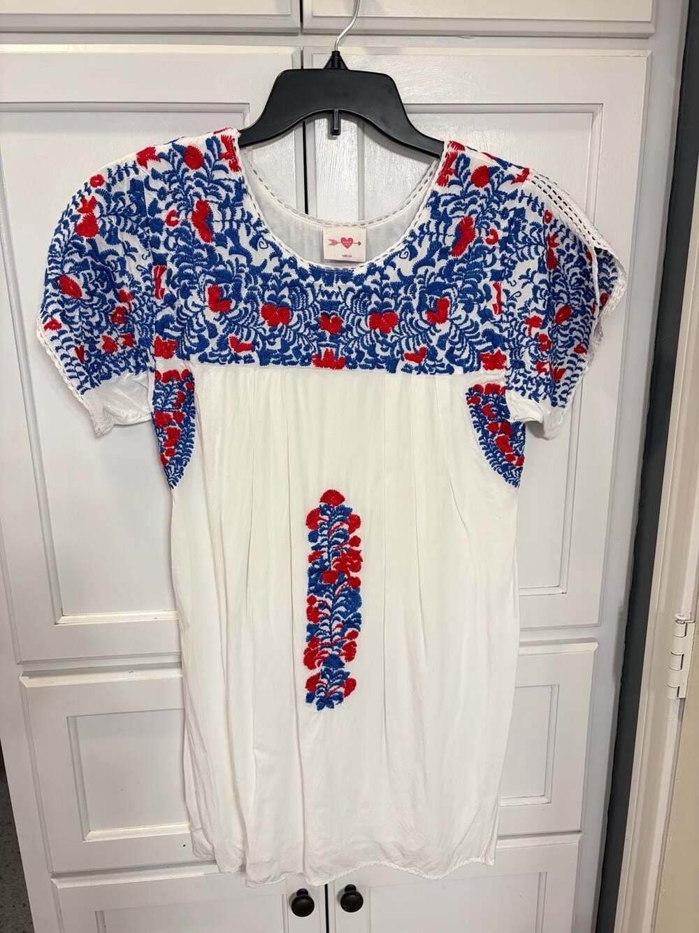 Buddy Love Embroidered Boho Dress White Blue Red Floral Peasant Size M